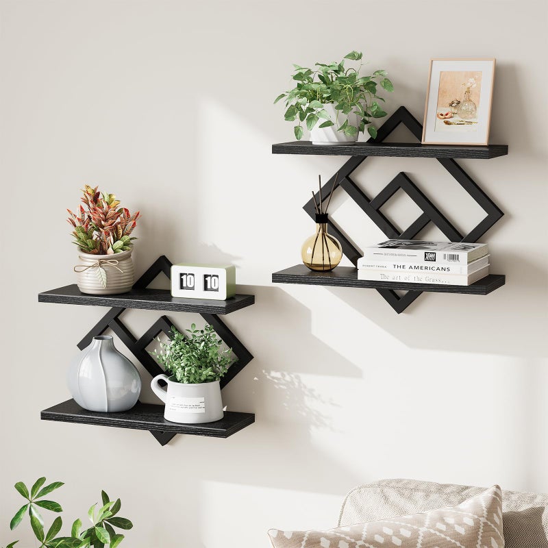 ELYKEN Floating Shelves for Wall, Set of 2 Hanging Shelves, 2-Tier Wall Mounted Storage Shelves for Books & Decor, Perfect for Living Room, Bedroom, Kitchen, Home Office, Study, Black - Image 1