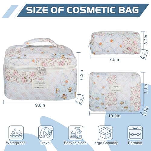TESAFNG Quilted Makeup Bag Set - 3 PCS Cute Floral Cotton Makeup Bag, Large Coquette Aesthetic Make up Cosmetic Bag, Flower Travel Toiletry Organizer Bags for Women Girls - Image 2