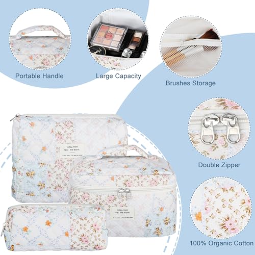 TESAFNG Quilted Makeup Bag Set - 3 PCS Cute Floral Cotton Makeup Bag, Large Coquette Aesthetic Make up Cosmetic Bag, Flower Travel Toiletry Organizer Bags for Women Girls - Image 3