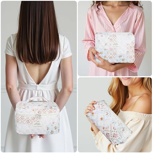 TESAFNG Quilted Makeup Bag Set - 3 PCS Cute Floral Cotton Makeup Bag, Large Coquette Aesthetic Make up Cosmetic Bag, Flower Travel Toiletry Organizer Bags for Women Girls - Image 4