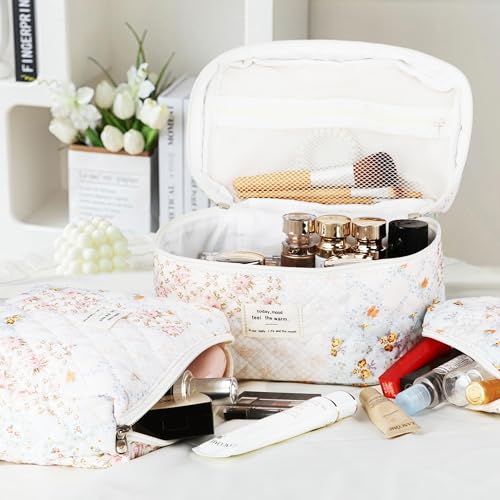 TESAFNG Quilted Makeup Bag Set - 3 PCS Cute Floral Cotton Makeup Bag, Large Coquette Aesthetic Make up Cosmetic Bag, Flower Travel Toiletry Organizer Bags for Women Girls - Image 5
