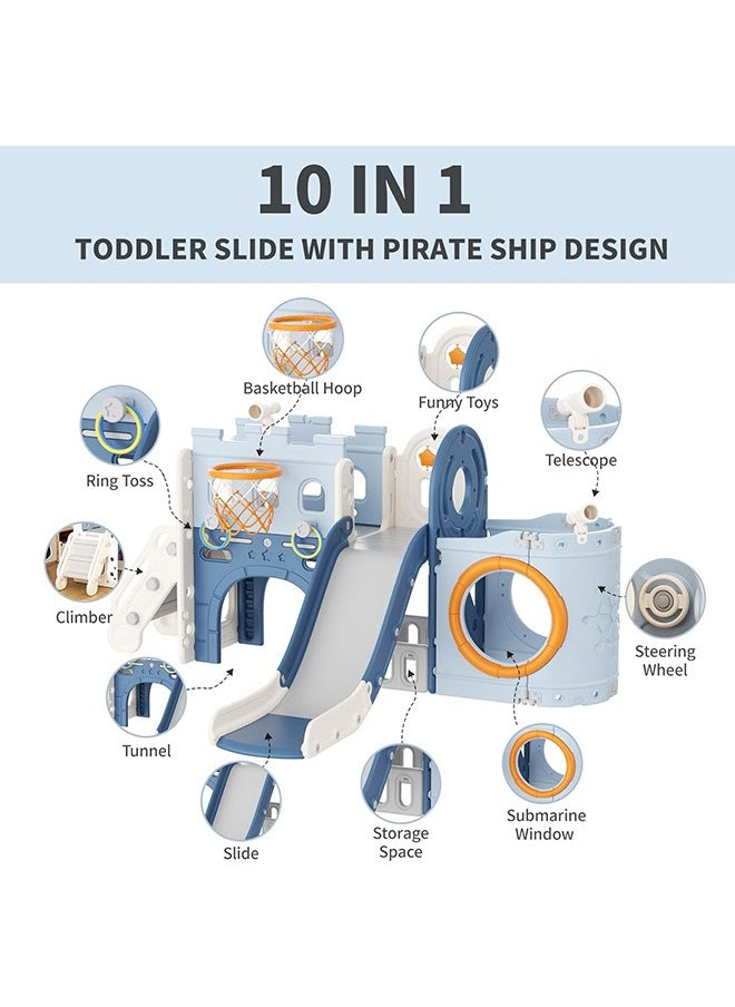 Beauenty 10 in 1 Toddler Slide, Pirate Ship Design Kids Slide for Toddlers Age 1+, Toddler Play Climber Slide Playset with Basketball Hoop and Ball, Indoor Outdoor Toddler Slide Set (83.8" x 72.8")  - Image 2