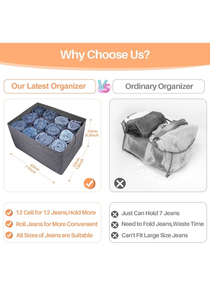 SYOSI Closet Organizer, 12-Cell Drawer Storage Box for Clothes Jeans Pants Sweaters Towels T-Shirts, Wardrobe Shelf Divider for Home Closet Storage, Foldable Durable Fabric Organizer, 1 Pcs Gray - Image 3