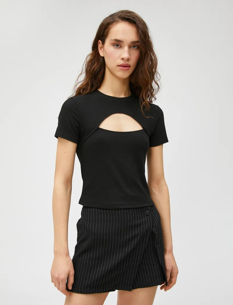 كوتون Crew Neck T-Shirt Short Sleeve Window Detailed Ribbed