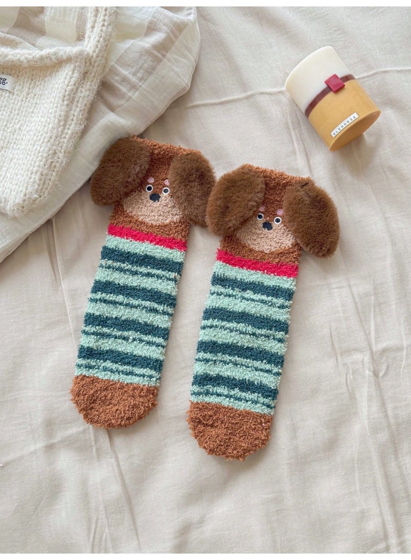 Socks For Ladies 1 Pair Women's Winter Fuzzy Socks With Cute 3D Cartoon Puppy Design and Floppy Ears, Soft Warm Coral Fleece Mid Calf Socks With Blue Green Stripes and Brown Details, Cozy Plush House Socks for Everyday Wear, Size 36-39 - Image 2