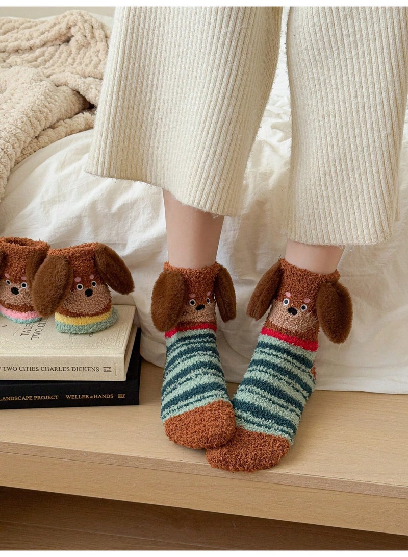 Socks For Ladies 1 Pair Women's Winter Fuzzy Socks With Cute 3D Cartoon Puppy Design and Floppy Ears, Soft Warm Coral Fleece Mid Calf Socks With Blue Green Stripes and Brown Details, Cozy Plush House Socks for Everyday Wear, Size 36-39 - Image 1