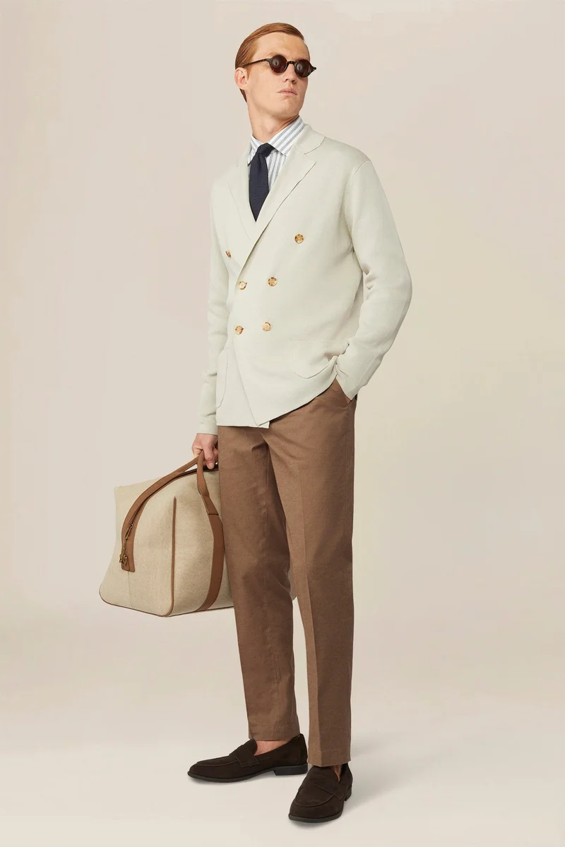 دوبل غانغر Men's double-breasted cardigan in 100% cotton Punto Milano knit - Ice