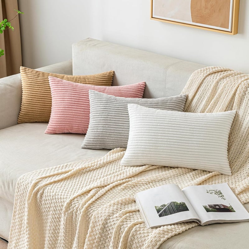 EMEMA Cushion Cover, 60 x 60 cm, Corduroy Cushion Covers, Decorative Sofa Cushion, Corduroy Cushion Cover, Decorative Soft, for Sofa, Living Room, Bedroom, Set of 2, Light Grey - Image 4