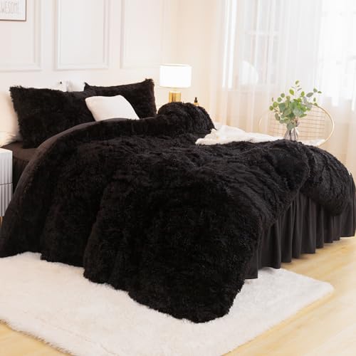 Andency King Size Comforter Set Black, Fluffy Winter Faux Fur Warm Soft Plush Bedding Comforter Set (1 Velvet Comforter & 2 Pillowcases), Fuzzy Thick Heavy Puffy Comforters Bed Set - Image 2