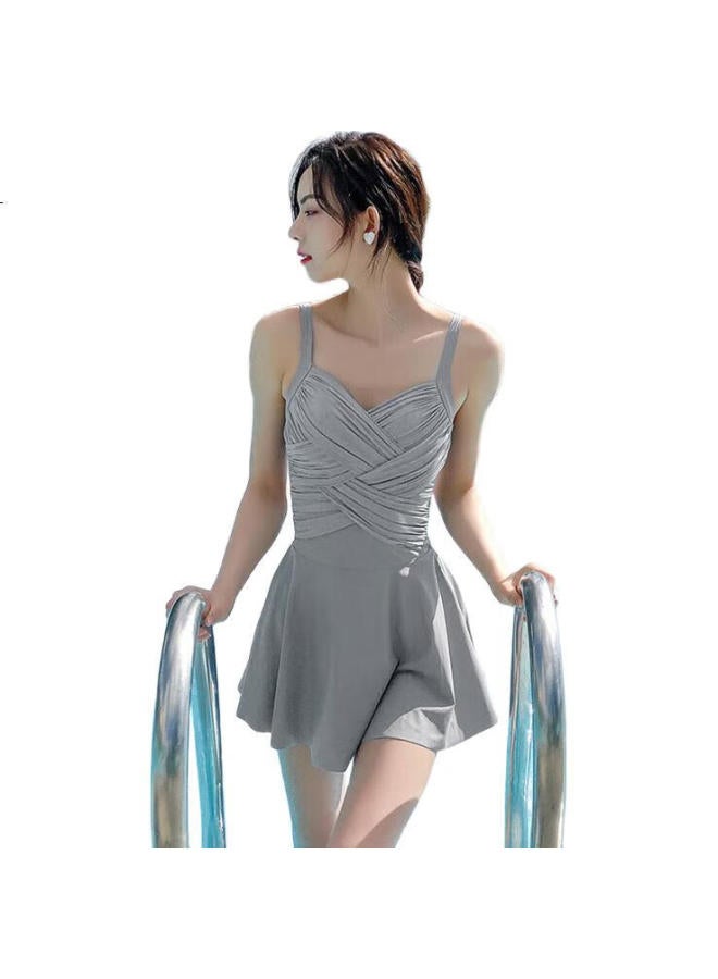 Swimsuit For Women, Korean Instagram Style Fairy-Like One-Piece, Slimming, Tummy-Concealing, Conservative, For Beach Vacation, Light Gray, Xl