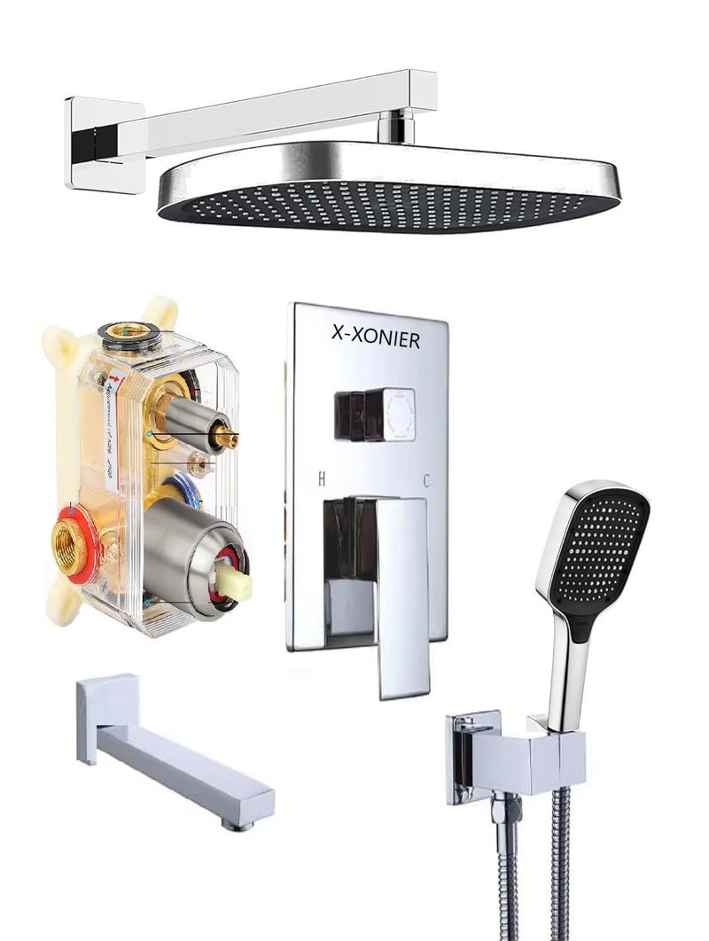 X-XONIER® Modern Bathroom Brass Concealed Shower System Body High Flow 3 Ways Diverter Full Set, 33x23 cm Rainfall Head with 3 ways Hand Shower and Tub Spout, Chrome - Image 1