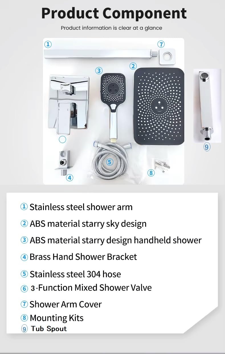 X-XONIER® Modern Bathroom Brass Concealed Shower System Body High Flow 3 Ways Diverter Full Set, 33x23 cm Rainfall Head with 3 ways Hand Shower and Tub Spout, Chrome - Image 4