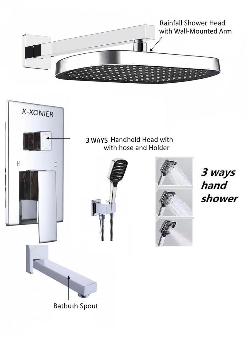 X-XONIER® Modern Bathroom Brass Concealed Shower System Body High Flow 3 Ways Diverter Full Set, 33x23 cm Rainfall Head with 3 ways Hand Shower and Tub Spout, Chrome - Image 2