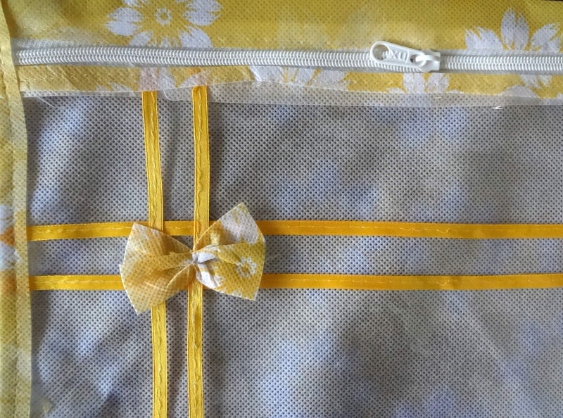 DIKHAWA Set of 12 Non Woven Flower Print Single Saree Cover Bag with Zip, Cloth Cover (Yellow) - Image 4