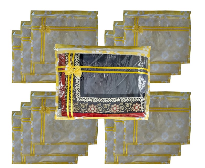 DIKHAWA Set of 12 Non Woven Flower Print Single Saree Cover Bag with Zip, Cloth Cover (Yellow) - Image 1