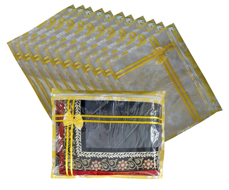 DIKHAWA Set of 12 Non Woven Flower Print Single Saree Cover Bag with Zip, Cloth Cover (Yellow) - Image 2