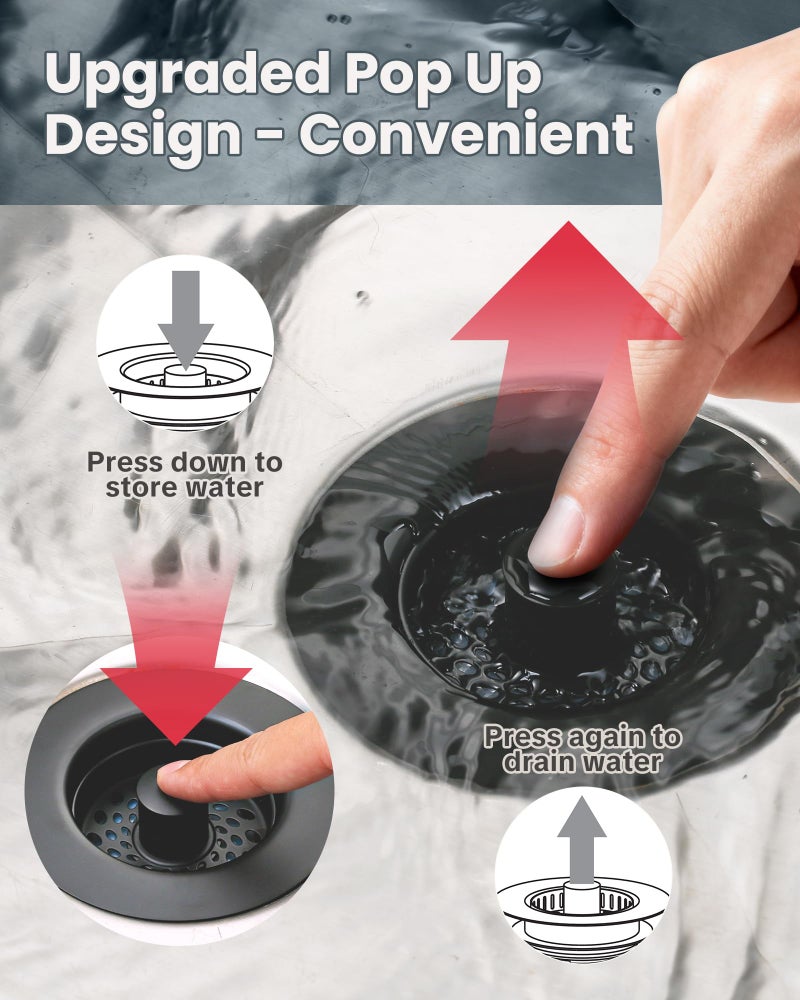 ARCORA Kitchen Sink Drain Strainer: Stainless Steel 3 in 1 Sink Stopper with Anti-Clogging Basket, Kitchen Strainer with Brass Bounce Core for Standard 3-1/2 Inch Drain, Matte Black - Image 4