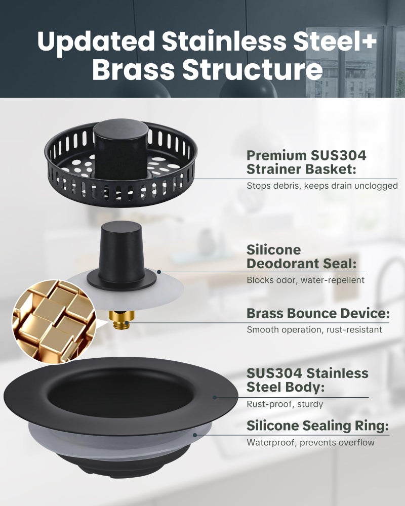 ARCORA Kitchen Sink Drain Strainer: Stainless Steel 3 in 1 Sink Stopper with Anti-Clogging Basket, Kitchen Strainer with Brass Bounce Core for Standard 3-1/2 Inch Drain, Matte Black - Image 5