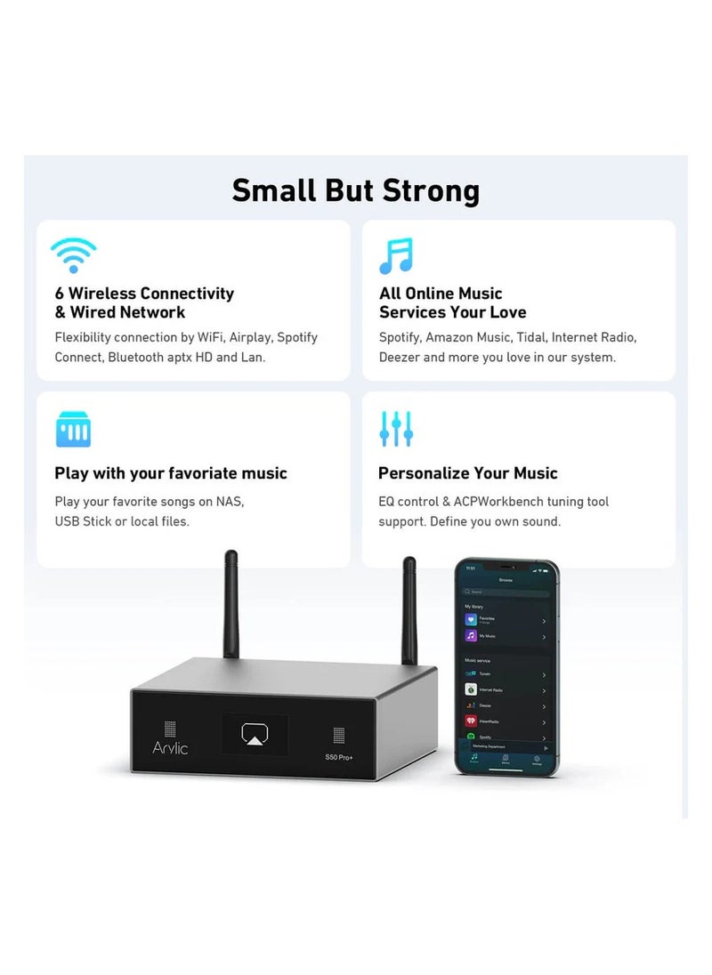 Arylic Up2stream S50 Pro+,WiFi & Bluetooth 5.0 Audio Receiver,aptX HD Preamplifier with ESS Sabre Dac AKM ADC Multiroom/multizone,Wireless WiFi Audio Receiver with Airplay, Spotify, Internet Radio  - Image 3