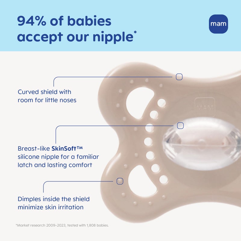 MAM Original Matte Baby Pacifiers 0-6 Months, Binky for Newborn Babies, BPA-Free Skin Soft Silicone Nipple, Easy to Clean, Developed with Medical Experts, 4 Count, Made in Europe - Image 3