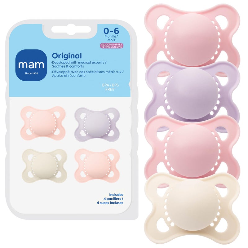 MAM Original Matte Baby Pacifiers 0-6 Months, Binky for Newborn Babies, BPA-Free Skin Soft Silicone Nipple, Easy to Clean, Developed with Medical Experts, 4 Count, Made in Europe - Image 1