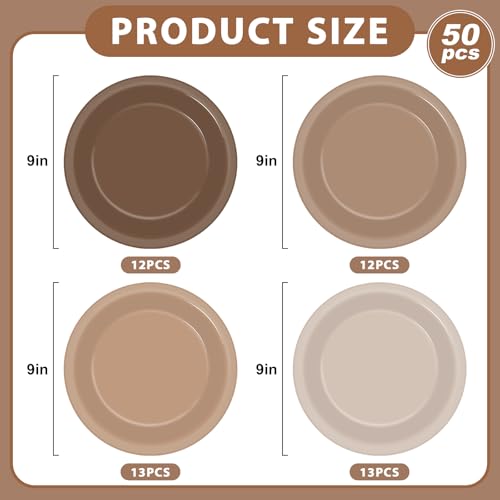 Wiooffen 50Pcs Brown Paper Plates 9 Inch Gradient Color Disposable Round Dessert Plates Brown Party Tableware Solid Tan Paper Plate Winter Table Decors for Birthday Gatherings Outdoor Party - Image 3