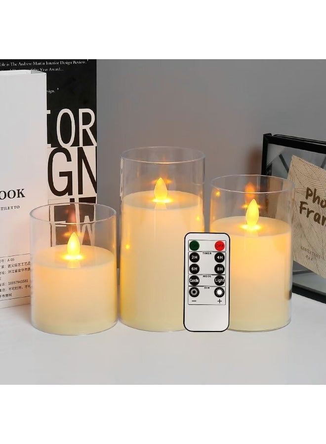 Arabest Glass Flamless Flickering Candles with Remote and Timer, Battery Operated Moving Wick Candles Plastic LED Pillar Candle for Dinner Wedding Holiday Decor (3Pcs, White) - Image 1