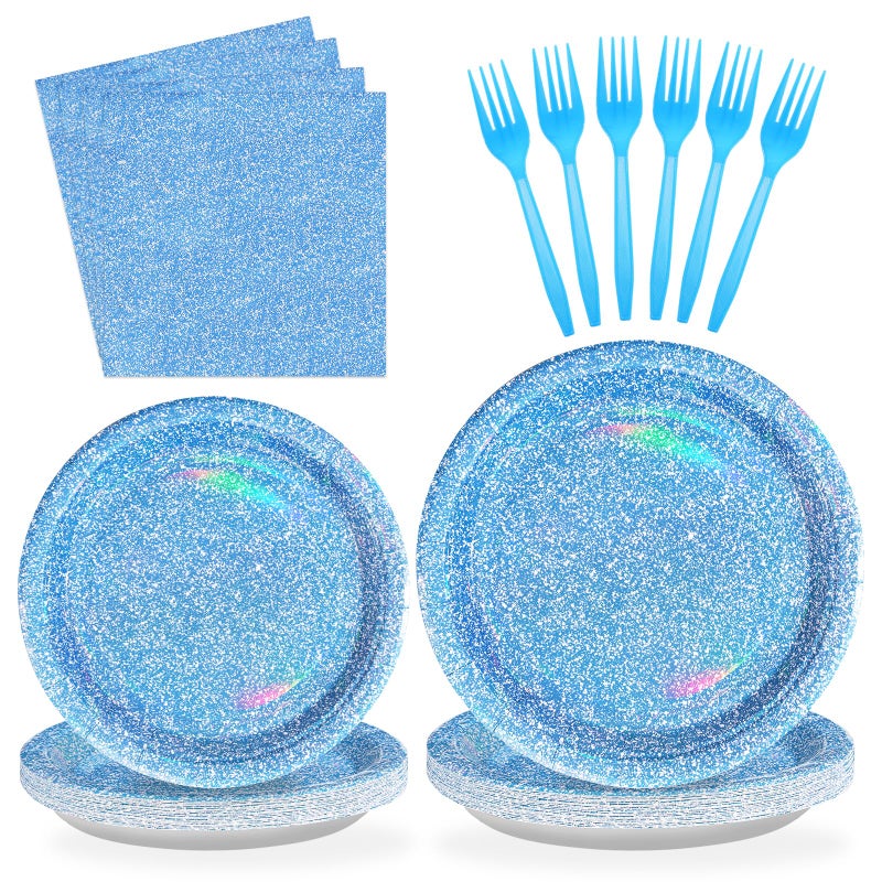 Grencian 96 PCS Blue Party Supplies 350 GSM Holographic Rainbow Blue Plates and Napkins Tableware Set Iridescent Blue Party Decorations for Winter Birthday Party Wedding Anniversary Bridal Baby Shower Serve 24 - Image 1