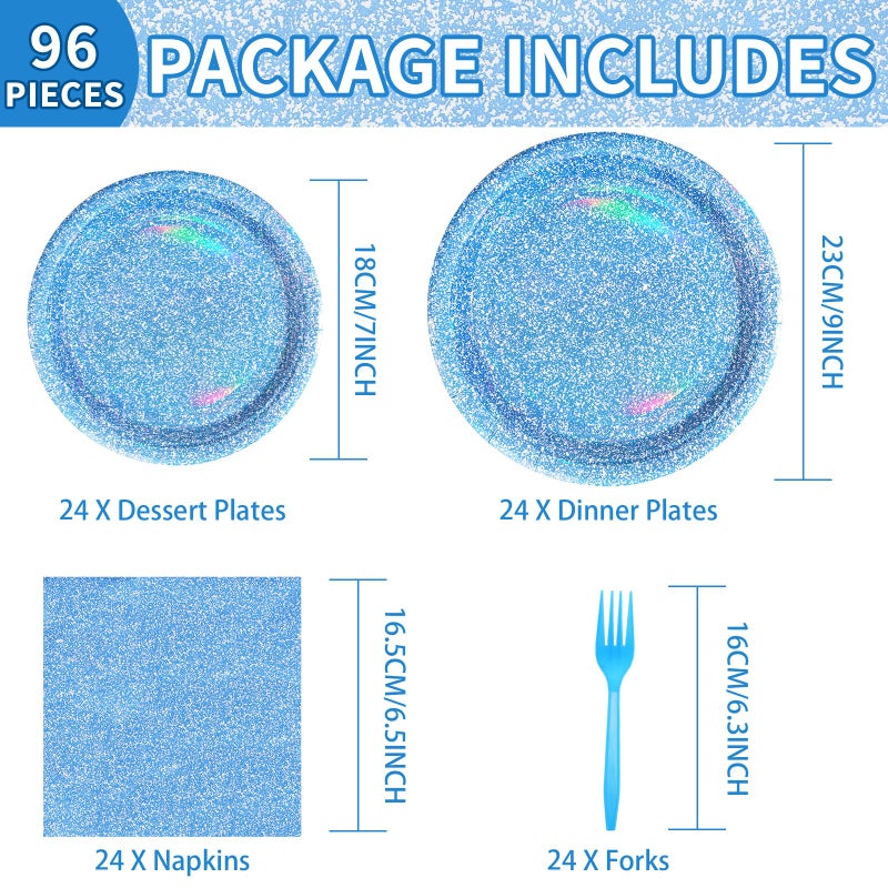 Grencian 96 PCS Blue Party Supplies 350 GSM Holographic Rainbow Blue Plates and Napkins Tableware Set Iridescent Blue Party Decorations for Winter Birthday Party Wedding Anniversary Bridal Baby Shower Serve 24 - Image 2