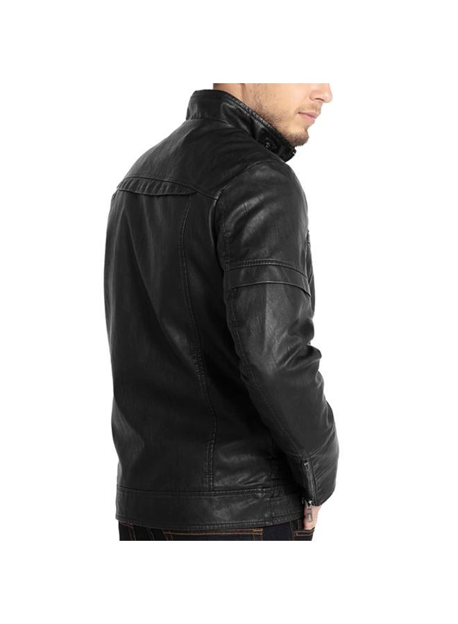 WULFUL Men's Vintage Stand Collar Leather Jacket Motorcycle PU Jacket and Coat, Black 2, S - Image 4