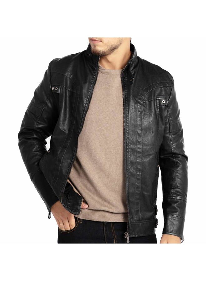WULFUL Men's Vintage Stand Collar Leather Jacket Motorcycle PU Jacket and Coat, Black 2, S - Image 2