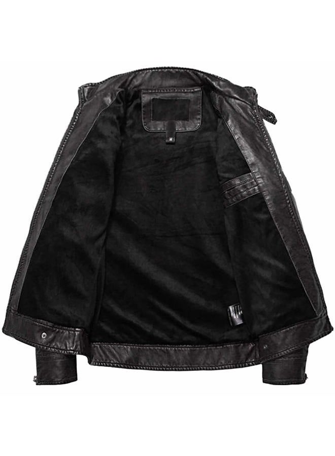 WULFUL Men's Vintage Stand Collar Leather Jacket Motorcycle PU Jacket and Coat, Black 2, S - Image 3