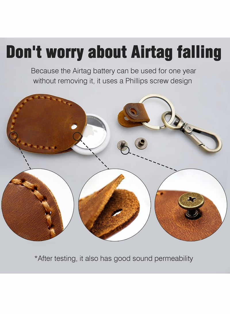 KASTWAVE Airtag Leather Case Cover Portable Handmade Genuine Leather AirTags Tracker Holder with Keychain Protective Case Cover Compatible for AirTag 2021 Brown - Image 3