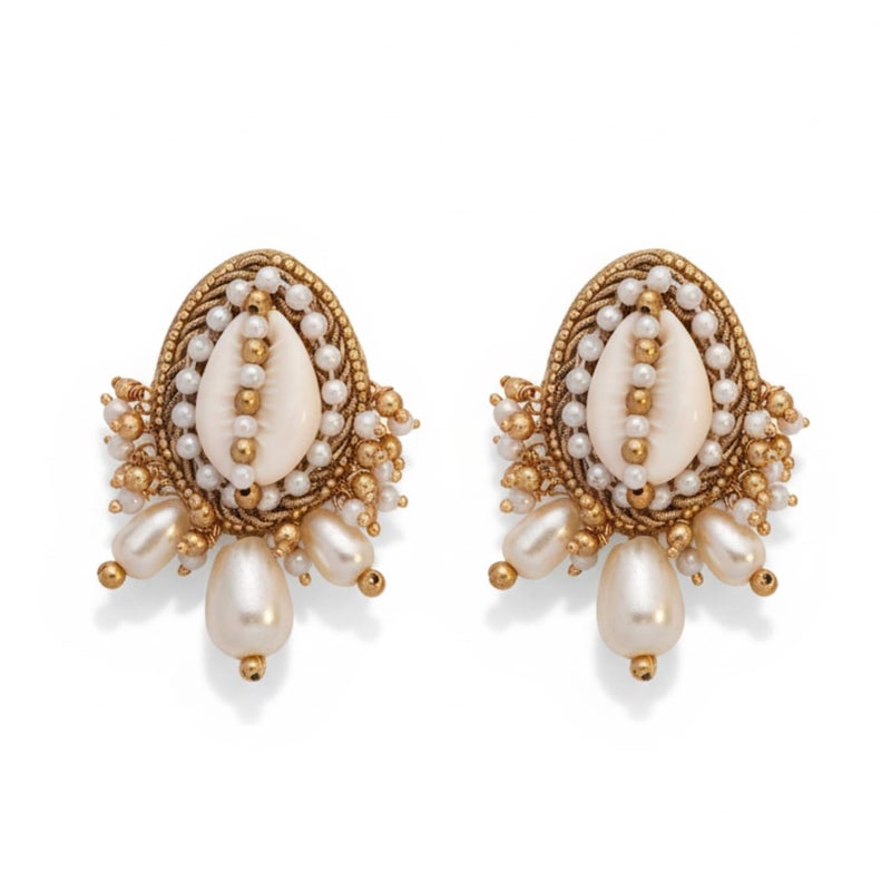 SANJOYA by EVERSTYLISH Embroidered Earrings for Women | Shell, Beads & Pearl Drop Studs | Lightweight Ethnic & Festive Jewelry for Weddings, Parties & Special Occasions - Image 5