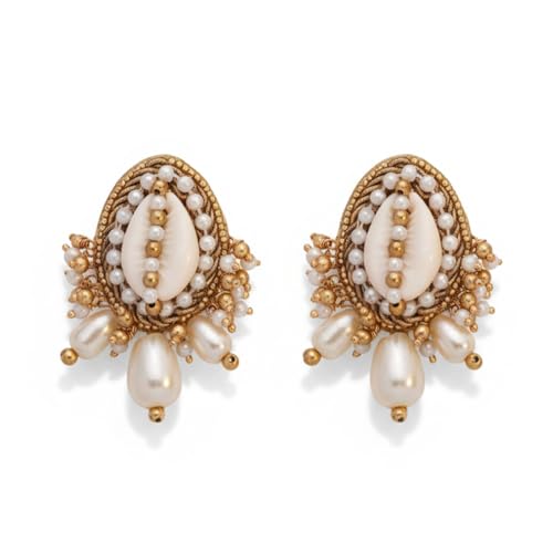 SANJOYA by EVERSTYLISH Embroidered Earrings for Women | Shell, Beads & Pearl Drop Studs | Lightweight Ethnic & Festive Jewelry for Weddings, Parties & Special Occasions - Image 1