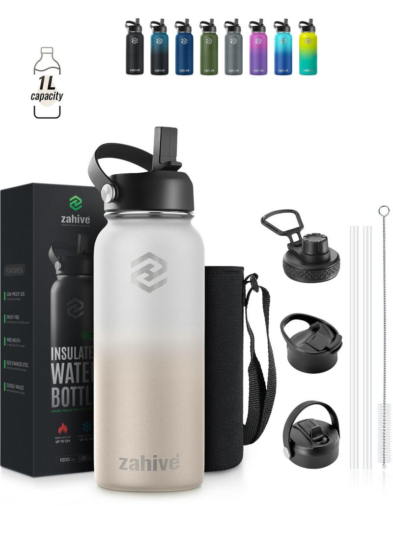 Zahive Insulated Stainless Steel Water Bottle 1000ml with Straw, 3 Lids & Bag - Double Wall Vacuum Thermos for Hot & Cold Drinks, Leak Proof, Wide Mouth, Black - Image 1