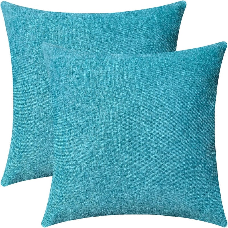 Jeneoo Decorative Turquoise Blue Throw Pillow Covers Square Chenille Solid Cushion Couch Cases for Sofa Decor (Set of 2, 20 x 20 Inches) - Image 1