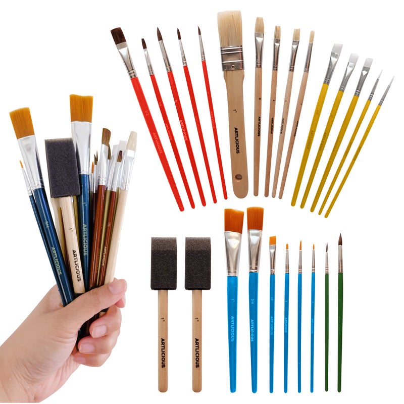 Artlicious Foam Brushes Wood Handle Paint Brush Set  Use with Craft Watercolor Oil Gouache Paints Face Art Washable Paints Miniature Detailing and Rock Painting