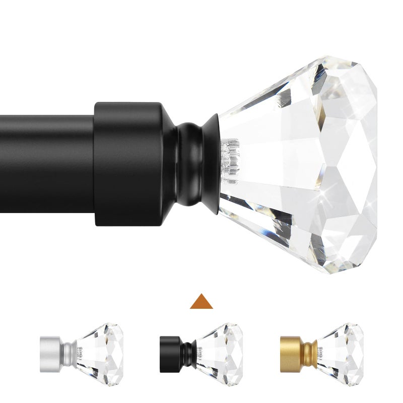 Knobelite 1 Pack 1-Inch Diameter Single Window Treatment Curtain Rod, Crystal Finial Home Curtain Rods,22-inch to 42-inch Adjustable(1.8-3.5ft), Black Curtain Rods for Windows