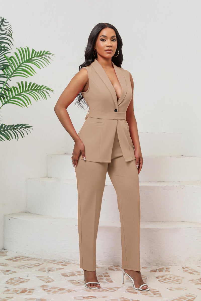 Kafiloe Pant Suits for Women Dressy Belted Sleeveless Vest Blazer Sets 2 Piece Business Casual Outfit Khaki XL - Image 2