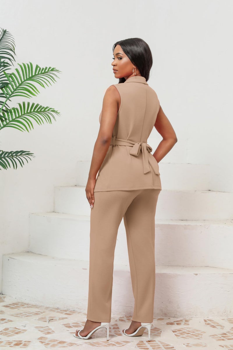 Kafiloe Pant Suits for Women Dressy Belted Sleeveless Vest Blazer Sets 2 Piece Business Casual Outfit Khaki XL - Image 4