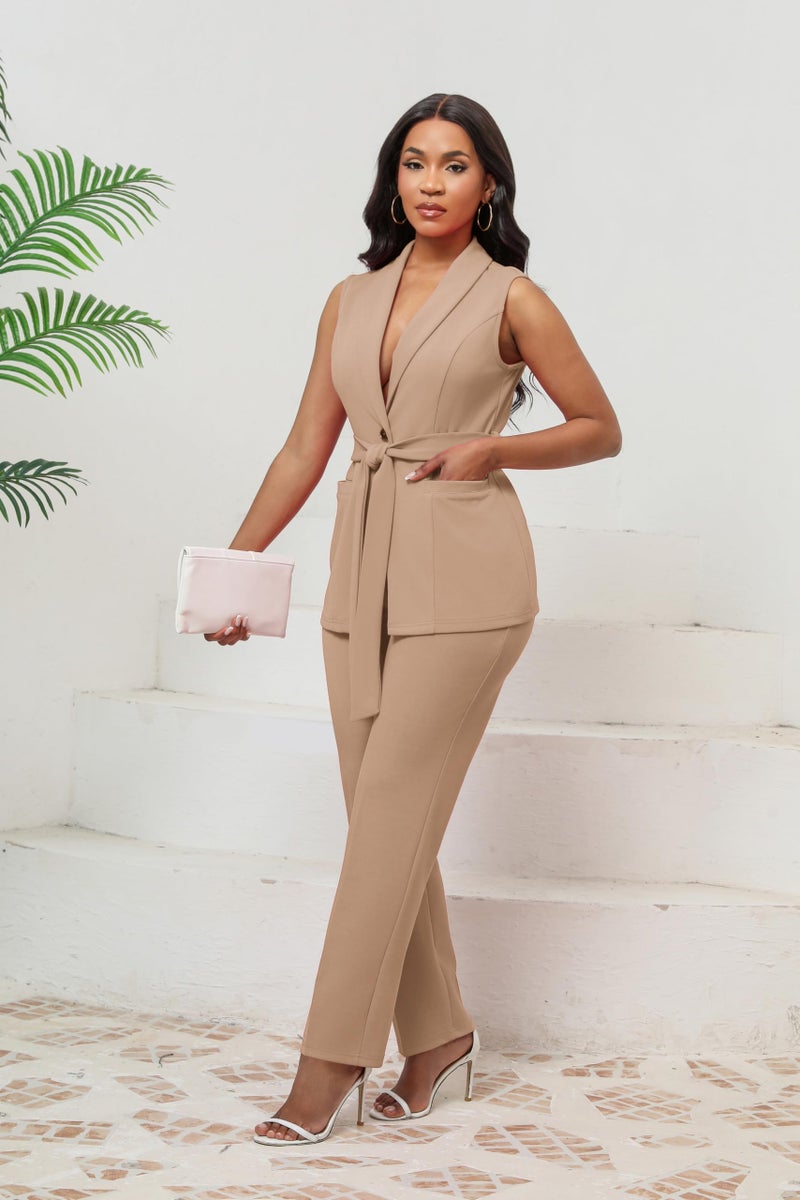 Kafiloe Pant Suits for Women Dressy Belted Sleeveless Vest Blazer Sets 2 Piece Business Casual Outfit Khaki XL - Image 3