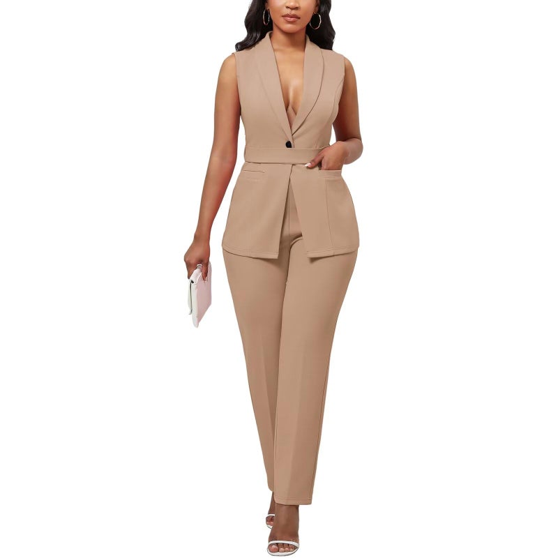 Kafiloe Pant Suits for Women Dressy Belted Sleeveless Vest Blazer Sets 2 Piece Business Casual Outfit Khaki XL - Image 1