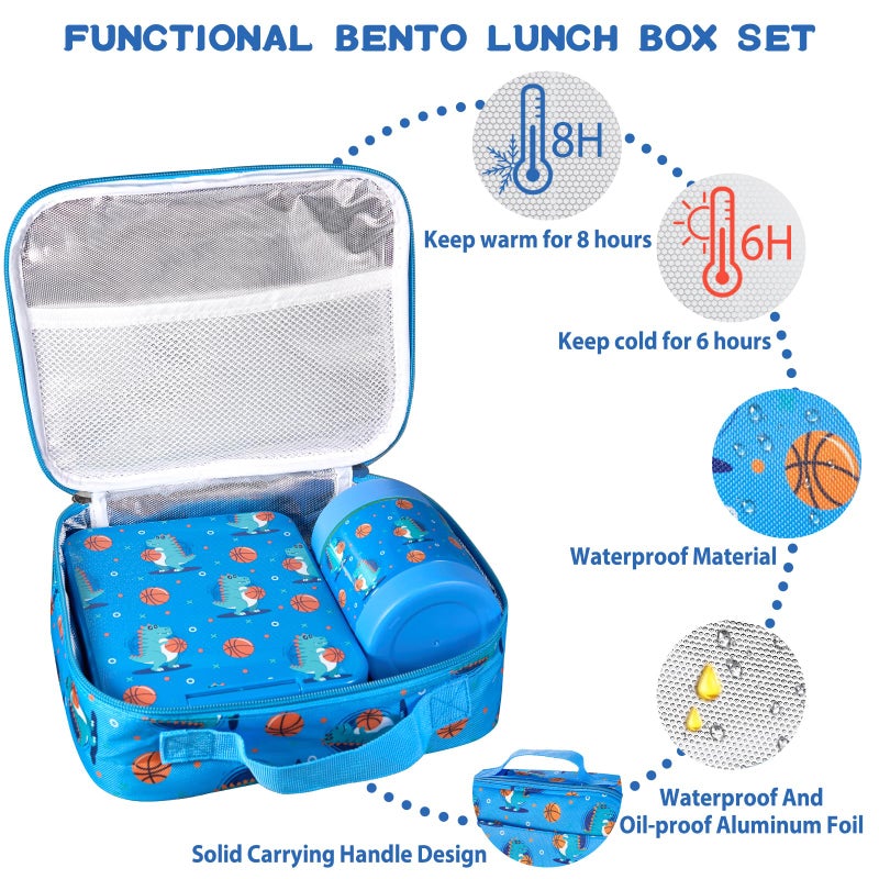 Howeemo Bento Lunch Box Set For Kids With 10Oz Soup Thermo  Leak-Proof Lunch Containers With 4 Compartment  Kids Thermo Hot Food Jar And Insulated Lunch Bag For Kid To School Bpa-Free(Basketball) - Image 2