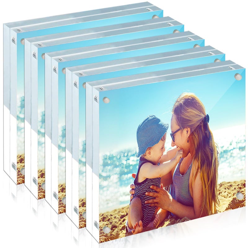 HELPLEX Acrylic Frame  5 Pack 4x4 Acrylic Picture Frames  20mm Thicker Frameless Clear Frame Double Sided Magnetic Frame  Free Standing Desktop Display Stand Acrylic Frames - Image 1