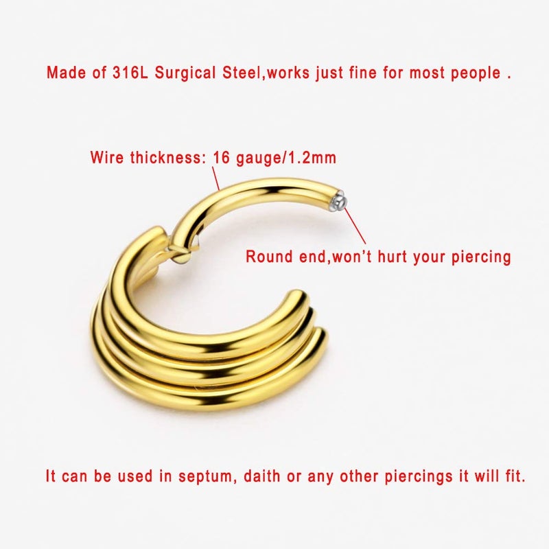FANSING Septum Jewelry Septum Ring 16g 316L Surgical Steel Nose Rings Hoop Stacked Daith earrings Ear Helix Piercing Jewelry for Women 8mm Septum Hoop 18k Gold-plated Hinged Seamless Clicker 16 Gauge - Image 3