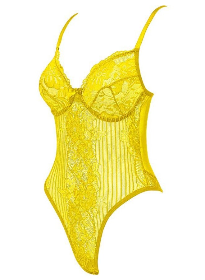 Women's Floral Lace  Bodysuit -  See-Through Lingerie with Adjustable Spaghetti Straps - Image 3