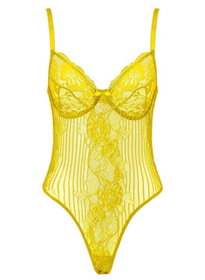 Women's Floral Lace  Bodysuit -  See-Through Lingerie with Adjustable Spaghetti Straps - Image 1