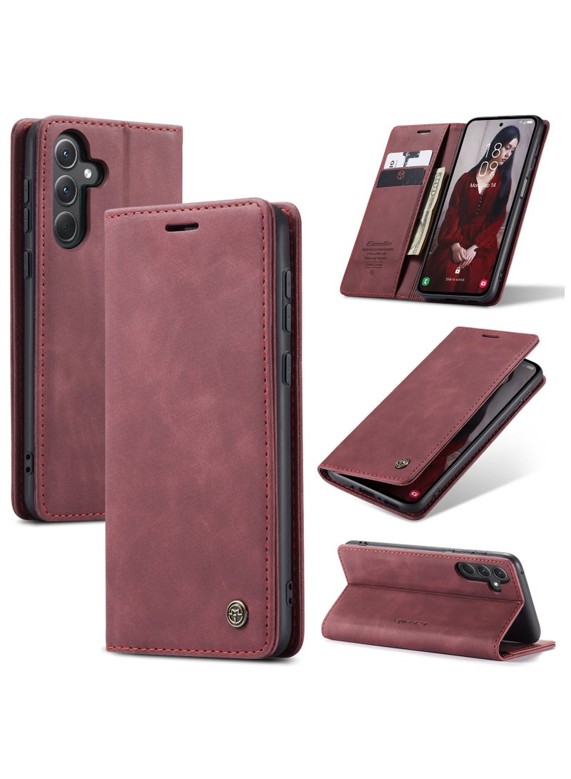 CaseMe Samsung Galaxy A35 Wallet Case Book Folding Flip Folio Case with Magnetic Kickstand Card Slots Protective Cover - Wine Red - Image 1