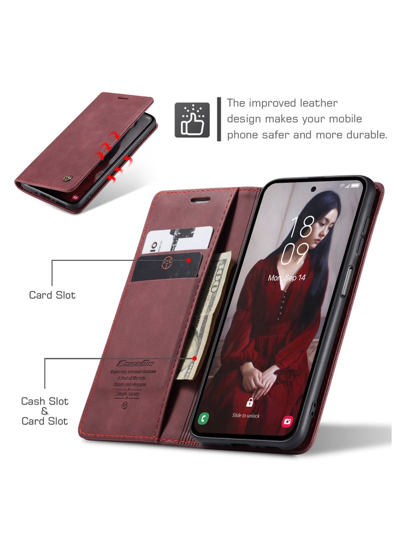 CaseMe Samsung Galaxy A35 Wallet Case Book Folding Flip Folio Case with Magnetic Kickstand Card Slots Protective Cover - Wine Red - Image 4